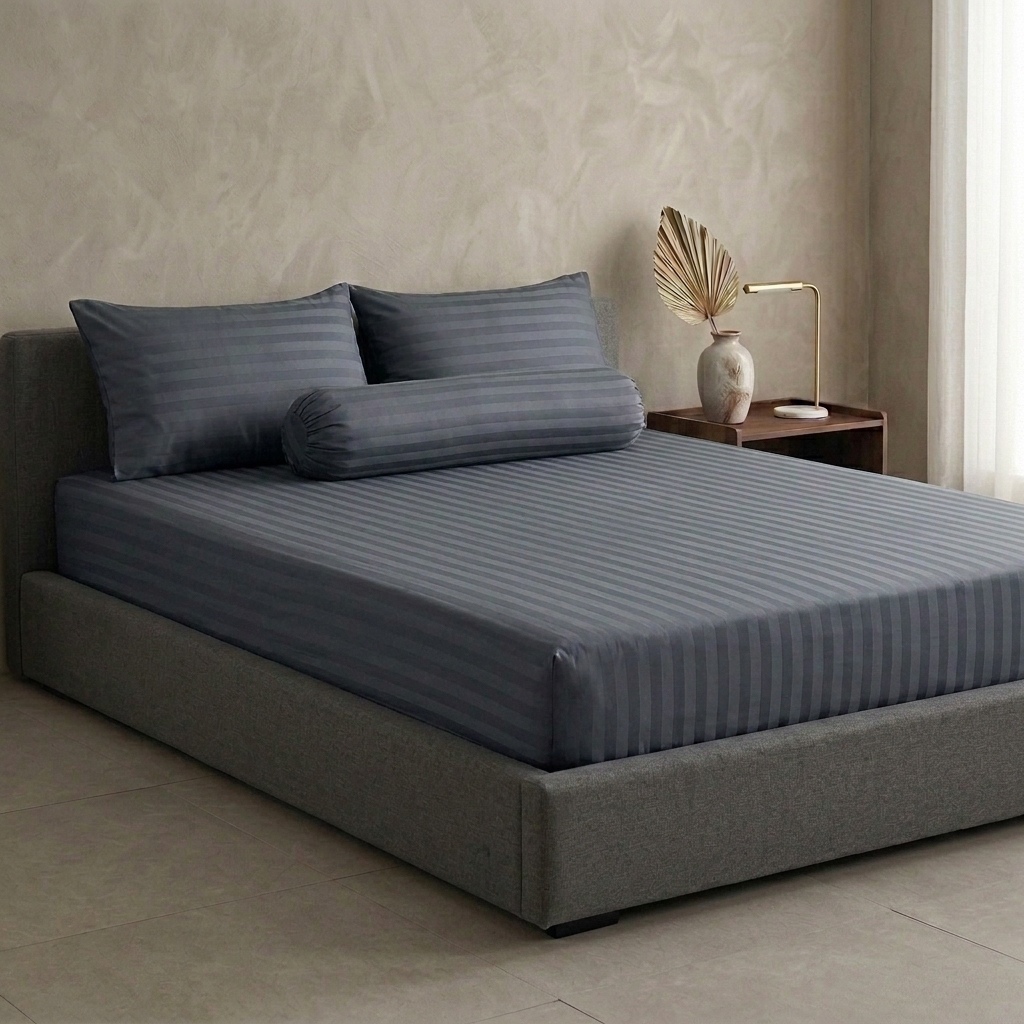 Bộ Drap Ga Gối Cotton Poly Cao Cấp Sọc Satin Sang Trọng - 3 Màu: Xám Đậm, Nâu Khaki, Xám Nhạt - Đầy Đủ Kích Thước